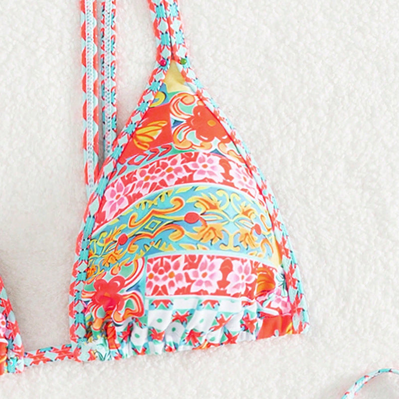 Damen Triangel-Bikini mit Raffungen und buntem Floral-Muster EB