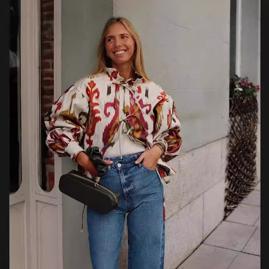 Damen Modische halbärmelige Bluse mit voluminösen Ärmeln EB
