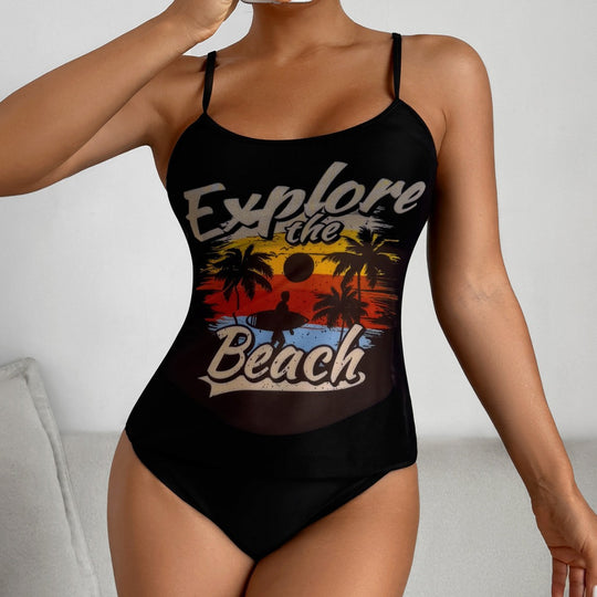 Damen Tankini-Set mit sportlichem Grafikdesign und hoch tailliertem Höschen EB