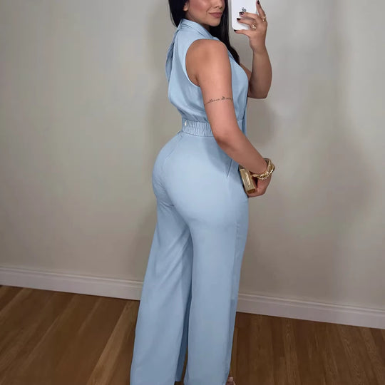 Damen eleganter Jumpsuit mit fließendem Schnitt und bindbarem Kragen EB
