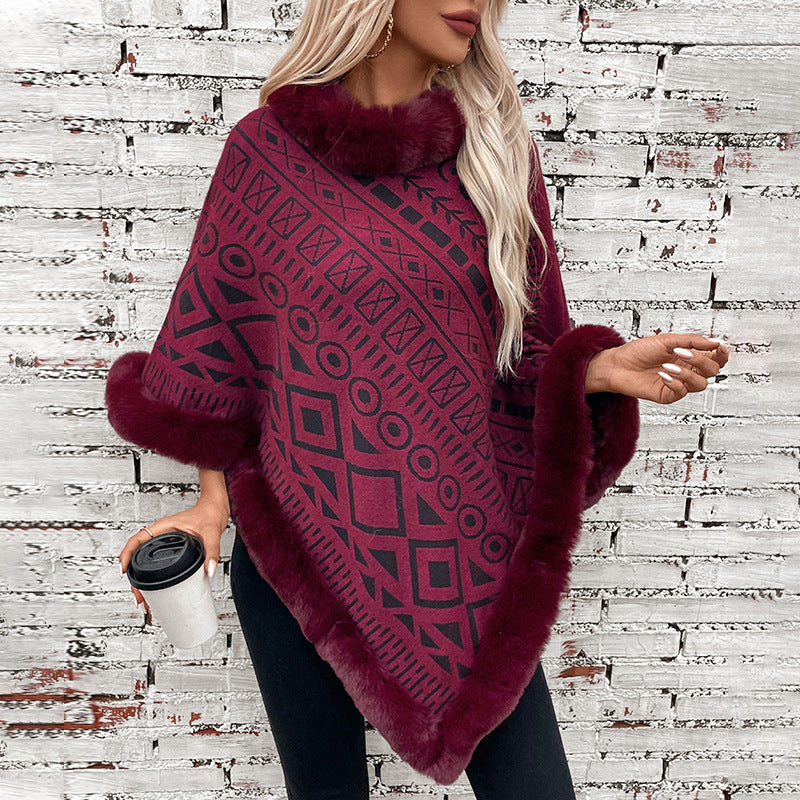 Damen modischer Poncho mit dekorativem Kunstfellkragen EB