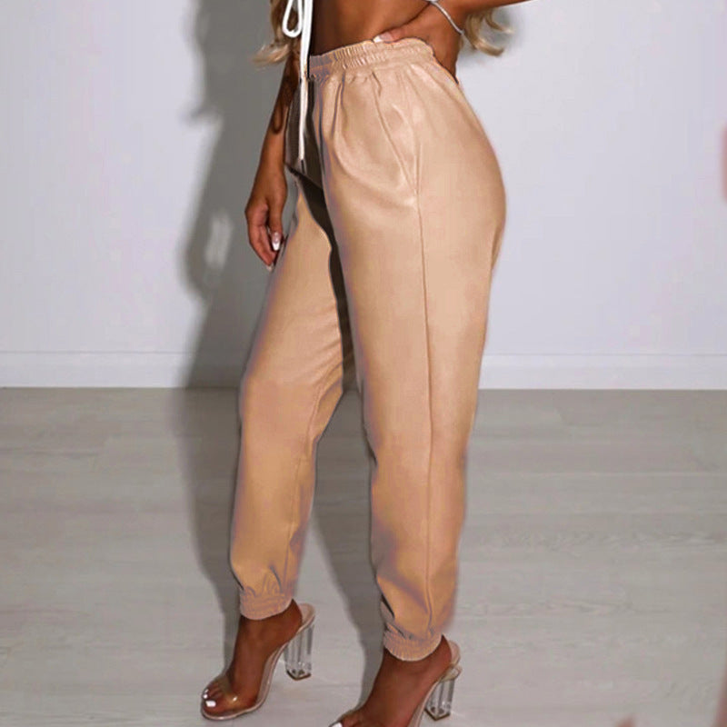 Damen Bequeme Kunstleder Jogginghose EB