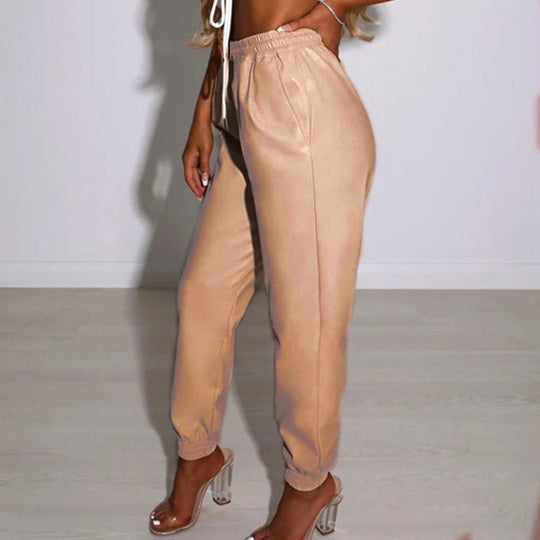Damen Bequeme Kunstleder Jogginghose EB