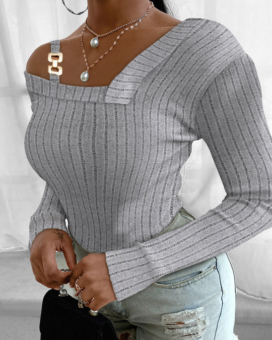 Damen modisches Oberteil mit asymmetrischem Ausschnitt und langem Arm EB