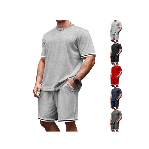 Herren nan sportliches Lounge-Set aus hochwertiger Baumwollmischung mit körpernahem Kurzarmshirt und Kordel-Shorts mit kontrastierenden Bündchen EB