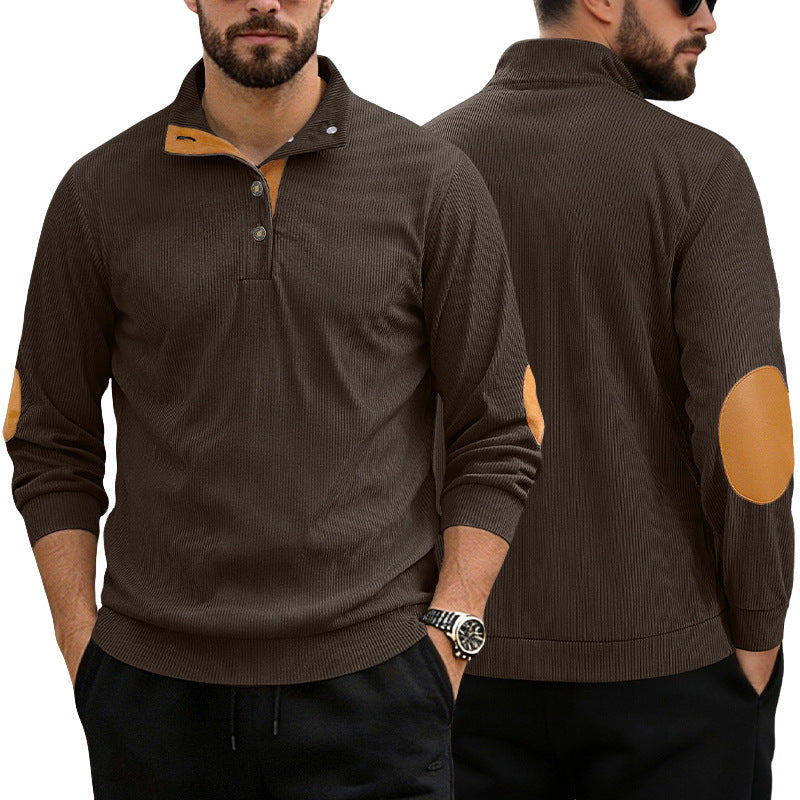 Herren nan lässiger Strukturpullover mit Polokragen, kurzer Knopfleiste und veganen Lederbesätzen EB