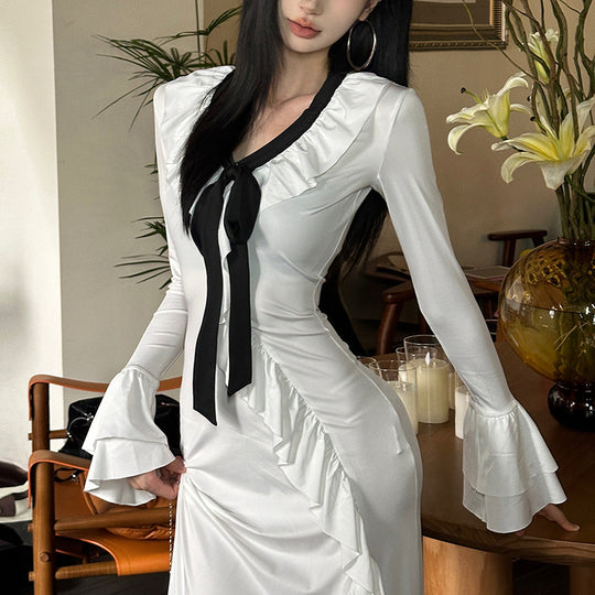 Damen Elegantes Maxikleid mit Rüschendetails und elegantem Bindeband EB