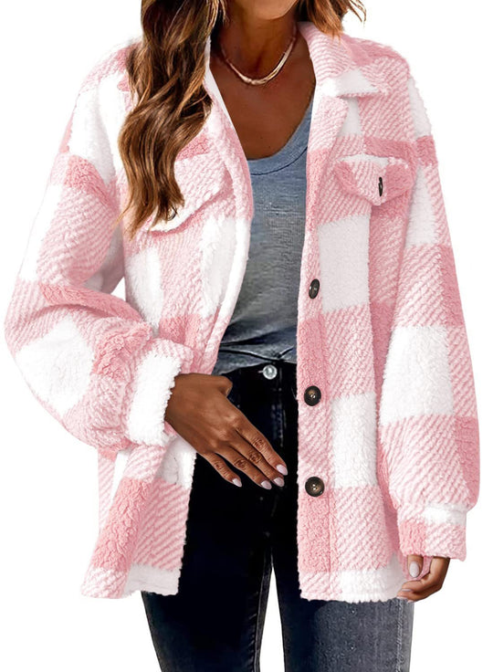 Damen nan kuschelige Sherpa-Karo-Übergangsjacke mit Brusttaschen und großzügigem Oversize-Schnitt EB