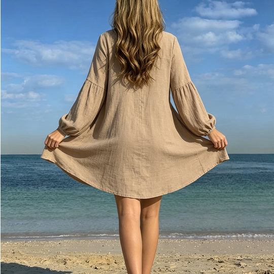 Damen lässiges Strandhemdkleid mit Knopfleiste und ballonförmigen Ärmeln EB