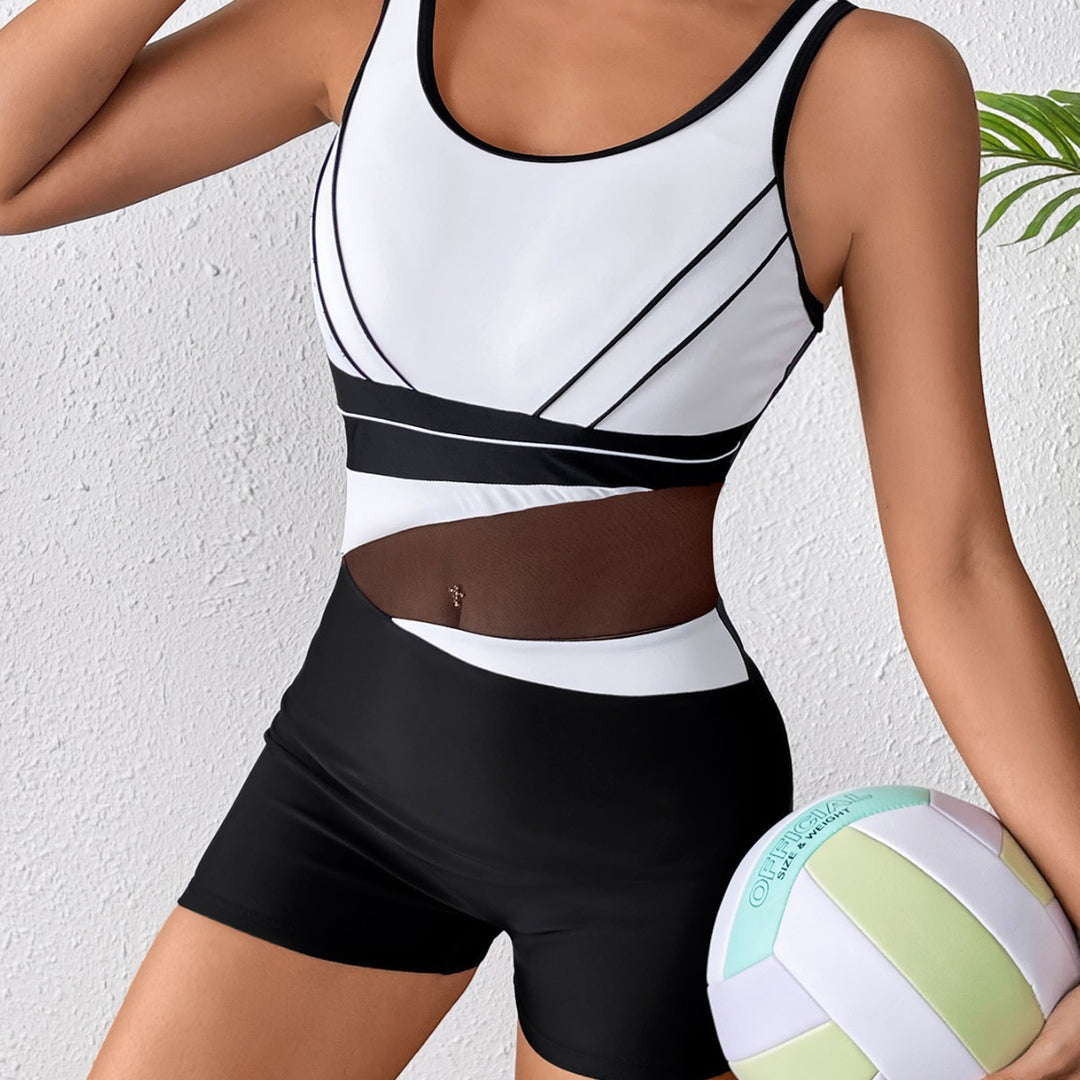 Damen Hochgeschlossener Sportbadeanzug mit modischem Netzdesign EB