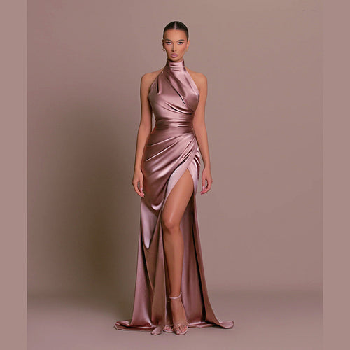 Damen Elegantes Abendkleid mit hochgeschlossenem Kragen und seitlichem Schlitz EB