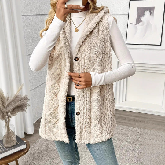 Damen Kuschelige Fleece-Weste mit Kapuze und Knopfverschluss EB