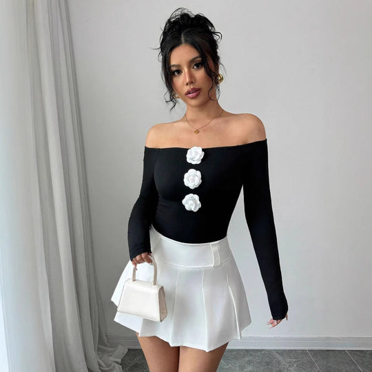 Damen Off-Shoulder Shirt mit dreidimensionalen Rosenapplikationen EB