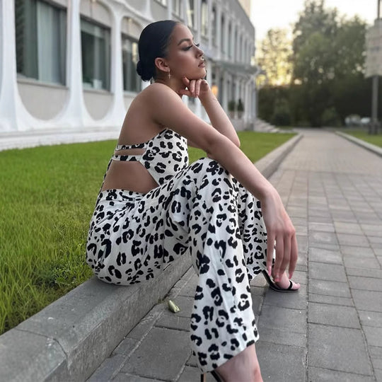 Damen modisches Zweiteiler-Set mit Leopardenmuster EB