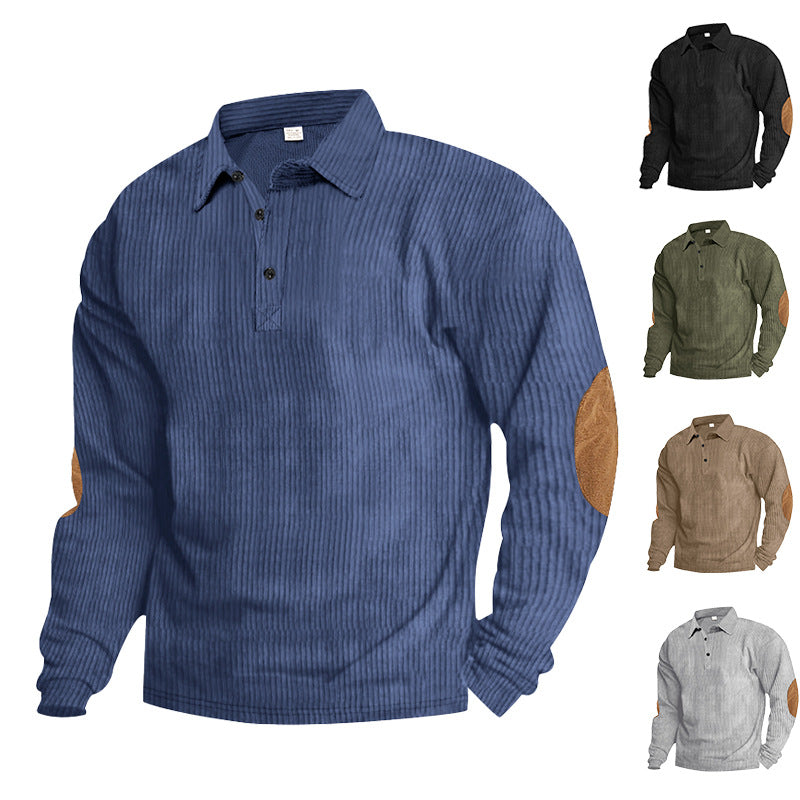 Herren lässiges Langarm-Henley-Shirt mit strukturiertem Rippenstoff und kontrastierenden Ellbogenpatches EB