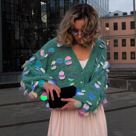 Damen Flauschiger Cardigan mit holografischen Akzenten EB
