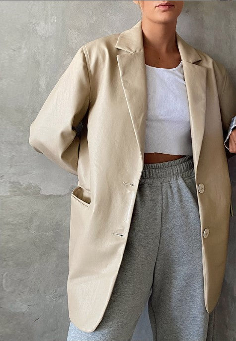 Damen Oversized Kunstleder Blazer EB