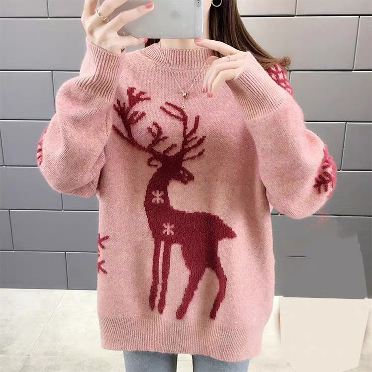 Damen Gemusterter Strickpullover mit Rentier-Jacquard, Rundhalsausschnitt und geripptem Saum EB
