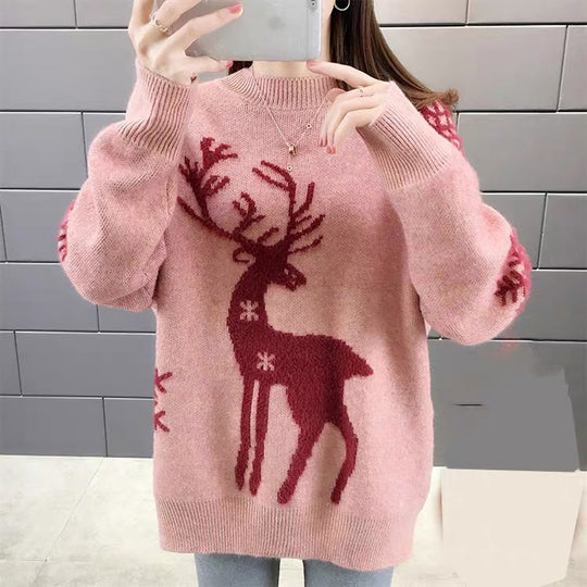 Damen Gemusterter Strickpullover mit Rentier-Jacquard, Rundhalsausschnitt und geripptem Saum EB
