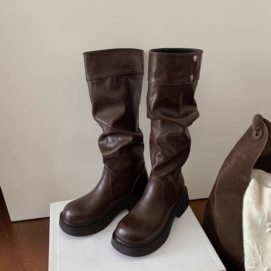 Damen Overknee-Stiefel mit elastischem Falten-Design und robustem Blockabsatz EB
