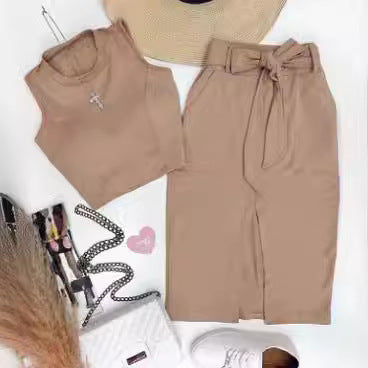 Damen Set aus tailliertem Crop-Top und Hochbund-Rock mit Gürtel EB