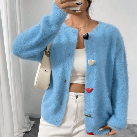 Damen Kuscheliger Flausch-Cardigan mit bunten Herzknöpfen und kastiger Silhouette EB