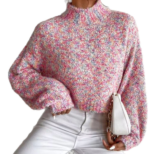 Damen Kurzgeschnittener Oversize-Pullover mit Stehkragen, mehrfarbigem Bouclé-Muster und Ballonärmeln EB