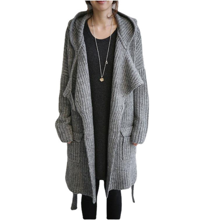 Damen Grober Strickmantel mit Kapuze und offenem Schnitt EB