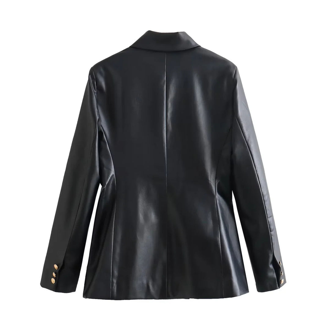 Damen elegante Kunstleder-Blazerjacke mit doppelter Knopfleiste und goldenen Akzenten EB