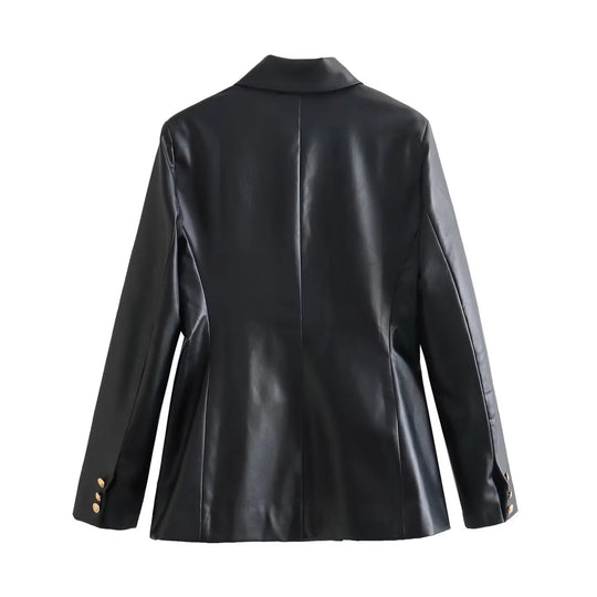 Damen elegante Kunstleder-Blazerjacke mit doppelter Knopfleiste und goldenen Akzenten EB