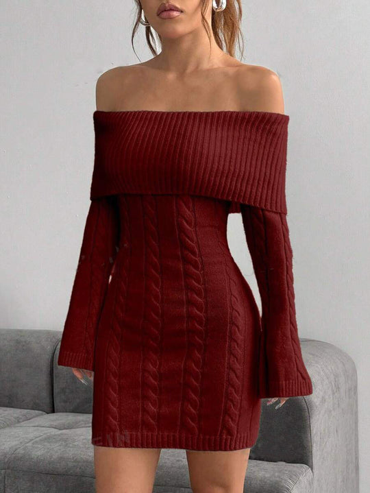 Damen Off-Shoulder Strickkleid mit Zopfmuster und voluminösen Ärmeln EB