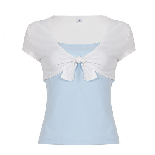 Damen Kurzarm Blusentop mit Knotendetail EB
