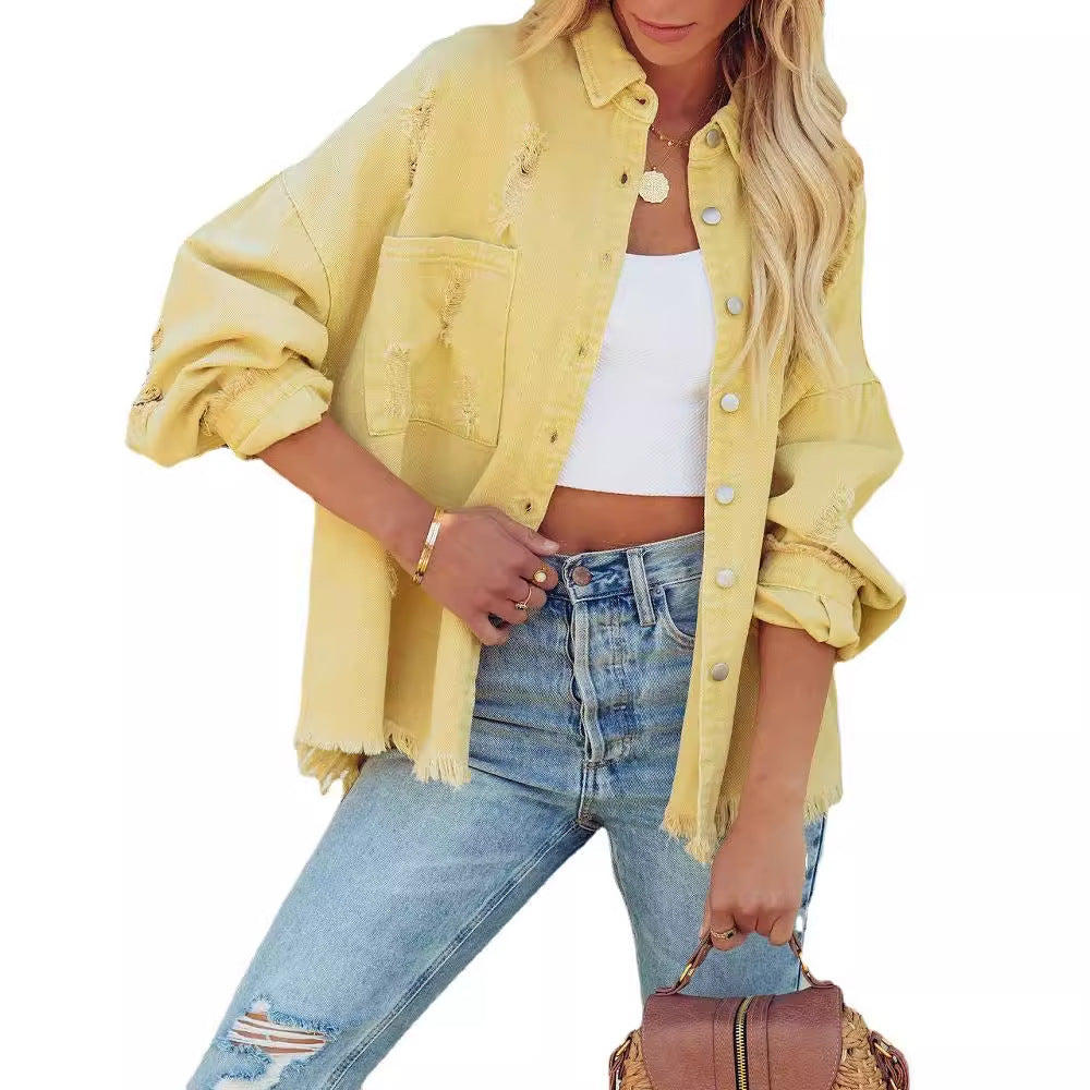 Damen Oversized Jeansjacke im lässigen Vintage-Stil mit fransigen Details EB