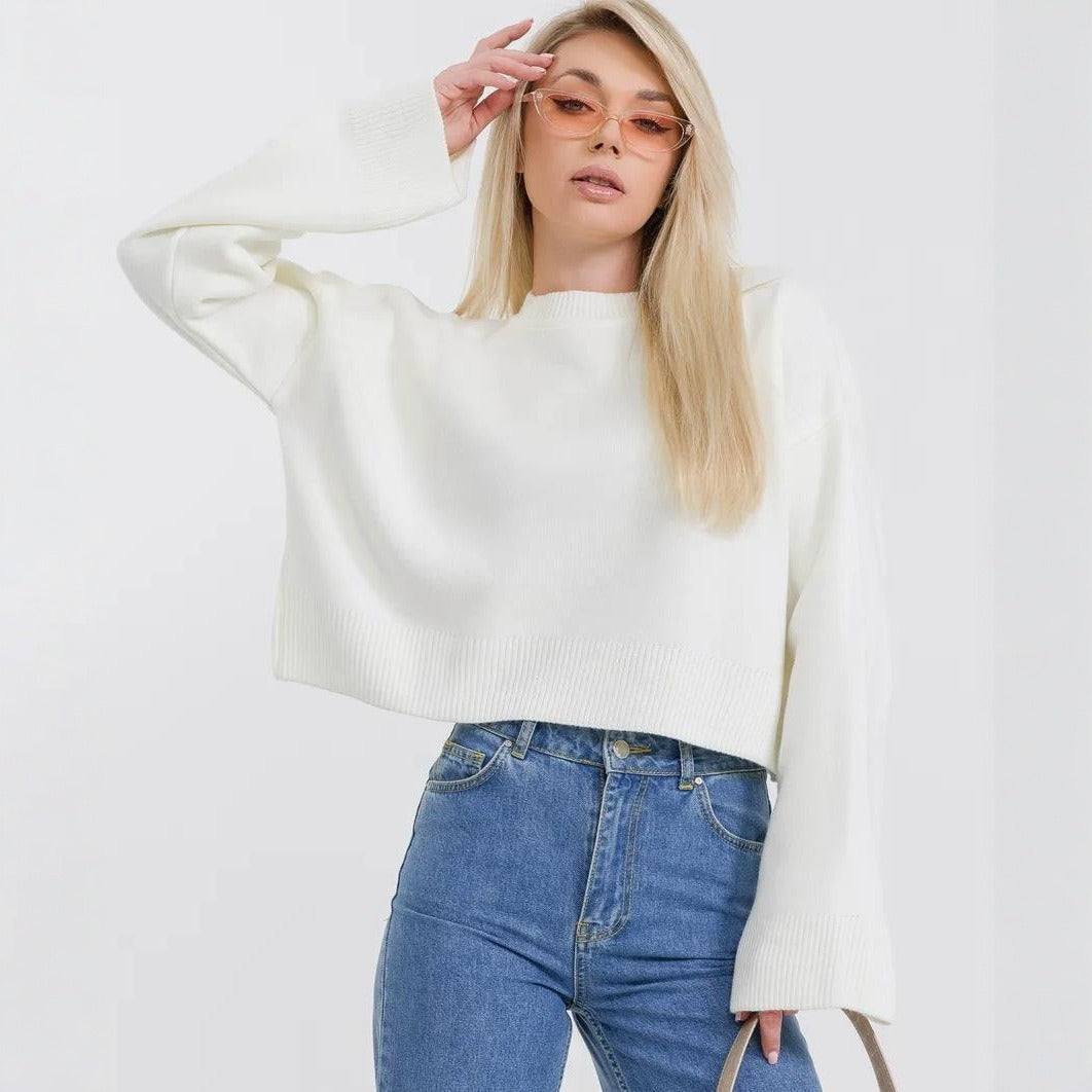 Damen cropped Strickpullover mit voluminösen Ärmeln und Rundhalsausschnitt EB