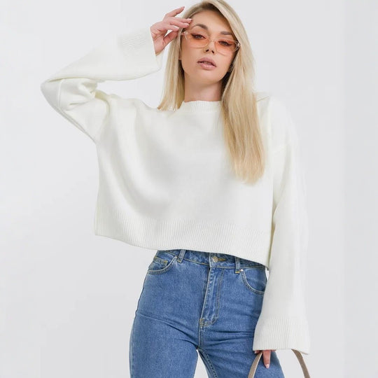 Damen cropped Strickpullover mit voluminösen Ärmeln und Rundhalsausschnitt EB