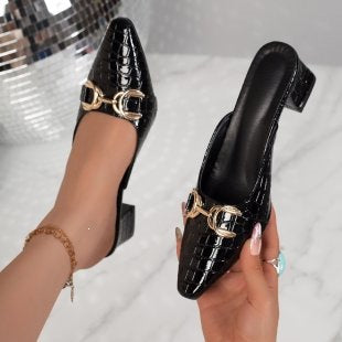Damen elegante Mules mit Krokoprägung und dekorativen Schnallen EB
