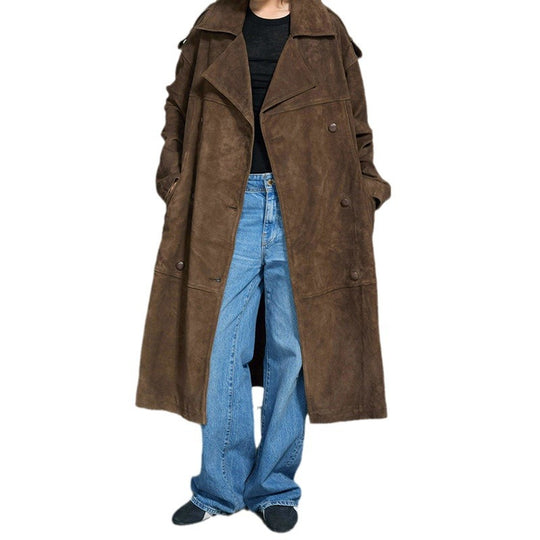 Damen Eleganter Suede-Trenchcoat mit großzügigem Schnitt EB