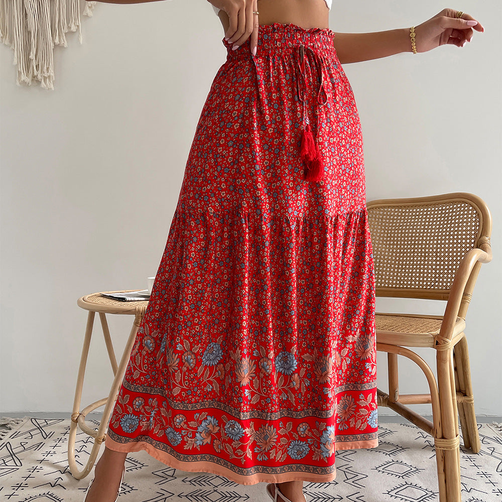 Damen nan leichter Stufen-Maxirock mit elastischem Rüschenbund, Kordel-Tassel und zartem Paisley-Print EB