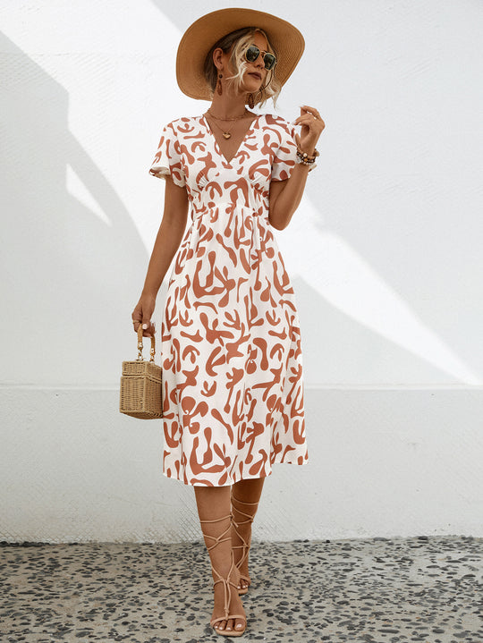 Damen Midi-Kleid mit V-Ausschnitt und fließenden Rüschendetails EB