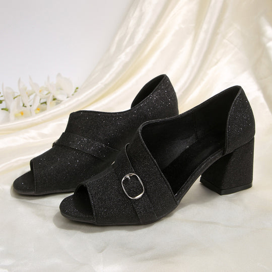 Damen Peep-Toe Pumps mit funkelndem Design und komfortablem Blockabsatz EB