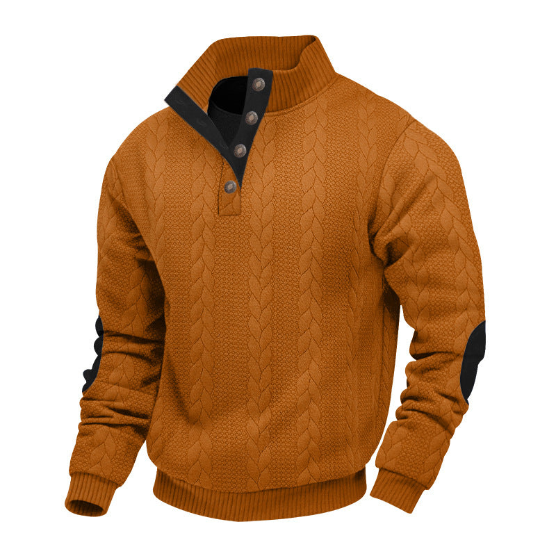 Herren nan strukturiertes Kabelstrick-Henley-Pullover mit Stehkragen und Ellbogenpatches EB
