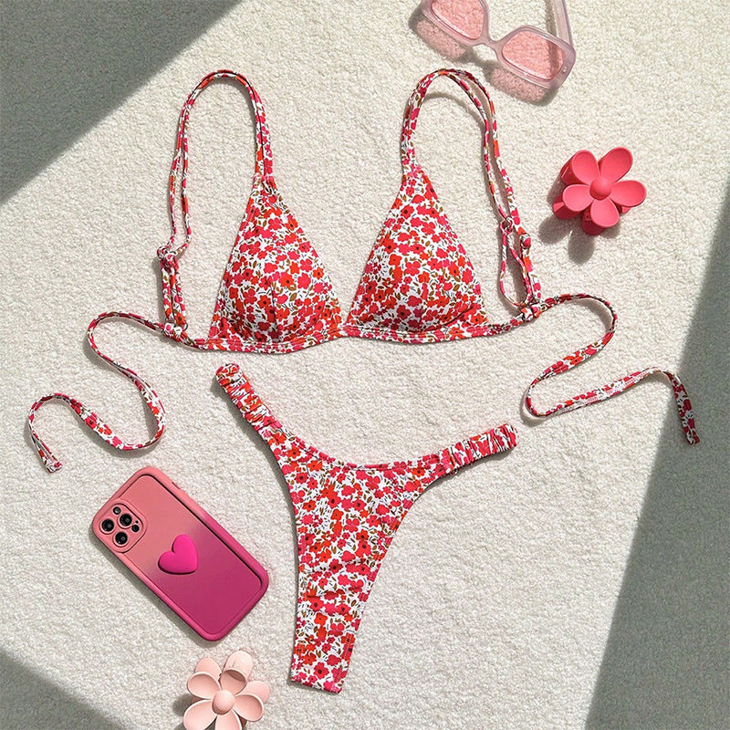 Damen Triangel-Bikini mit verstellbaren Riemen und buntem Blumenmuster EB