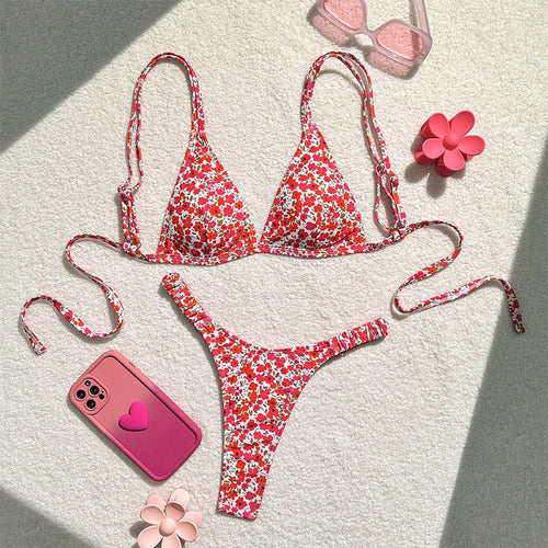 Damen Triangel-Bikini mit verstellbaren Riemen und buntem Blumenmuster EB
