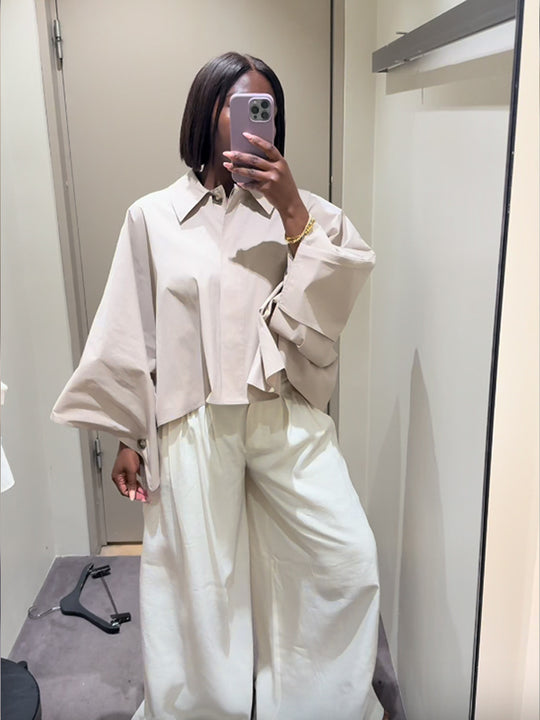 Damen Cropped Bluse mit voluminösen Ärmeln EB