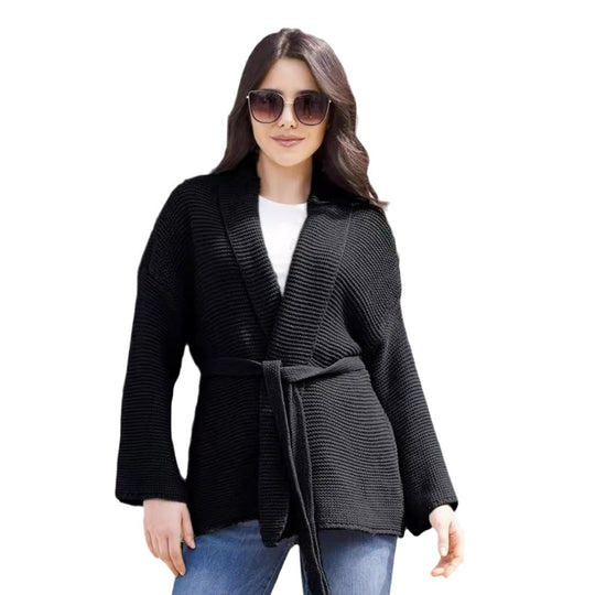Damen Grobstrick-Cardigan mit Gürtel und weitem Schnitt EB