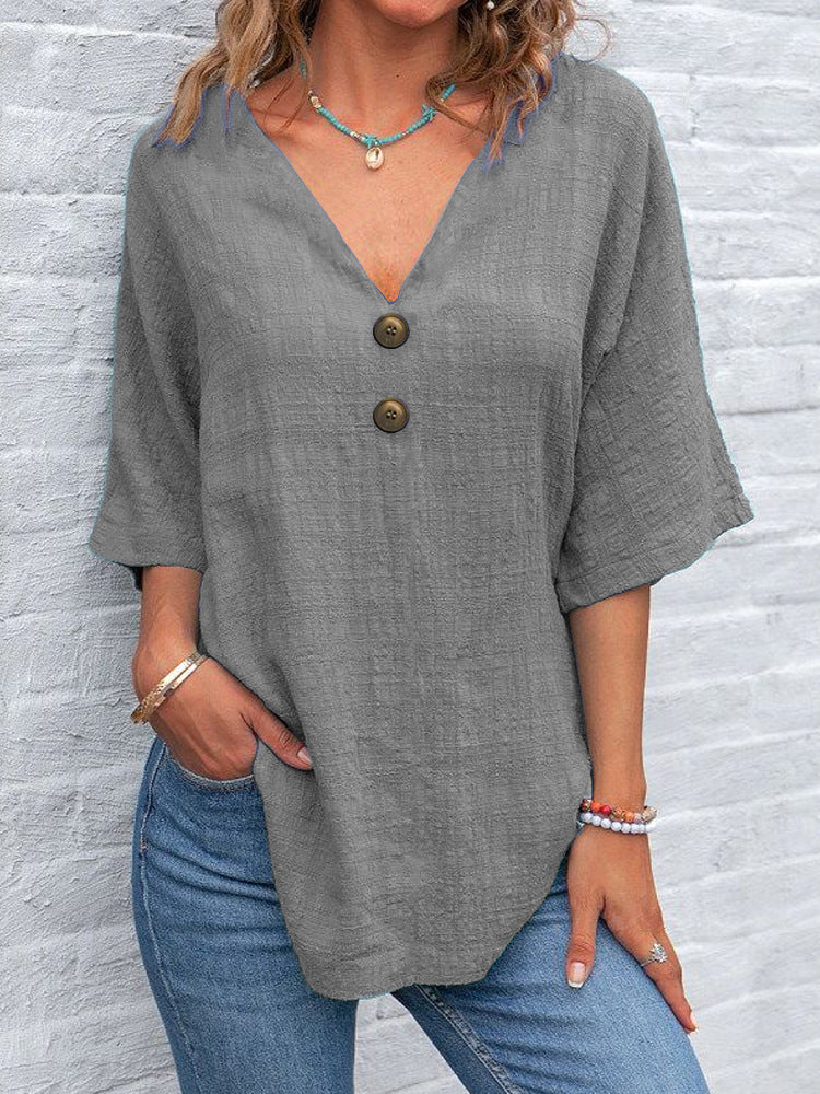 Damen V-Ausschnitt Bluse mit dekorativen Knöpfen und lässigem Schnitt EB