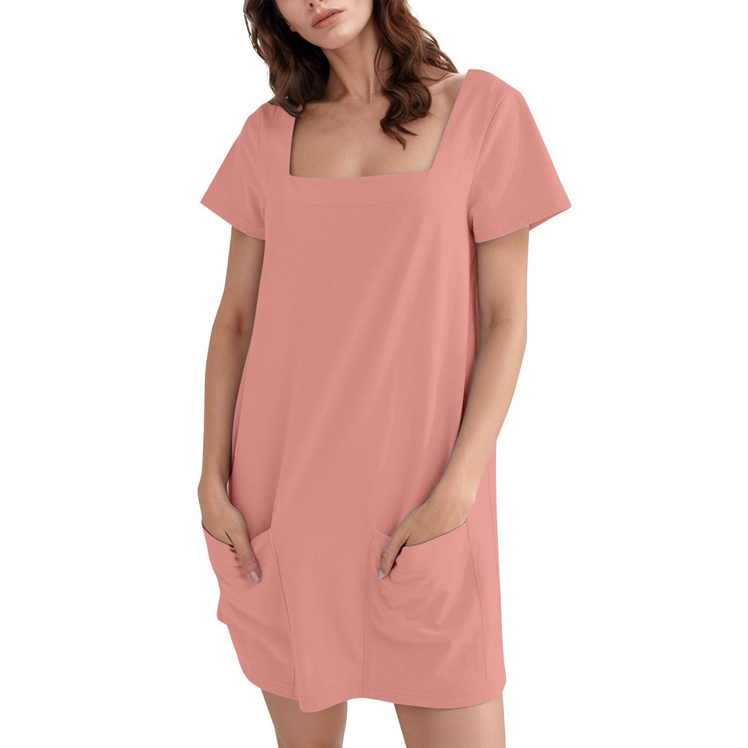 Damen lässiges Tunika-Kleid mit praktischen Taschen und Quadrat-Ausschnitt EB