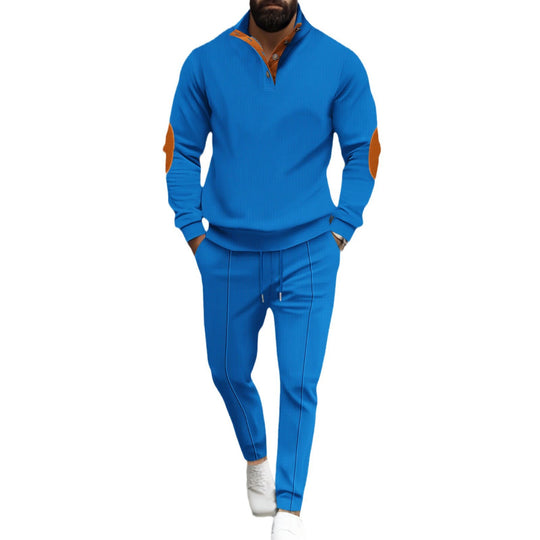 Herren nan feinstrukturiertes Halbkragen-Sweatshirt mit Knopfleiste, dekorativen Ellbogenpatches und legerem Saumabschluss EB