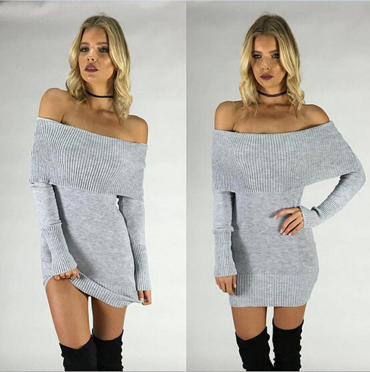 Damen Off-Shoulder Strickkleid mit langen Ärmeln EB
