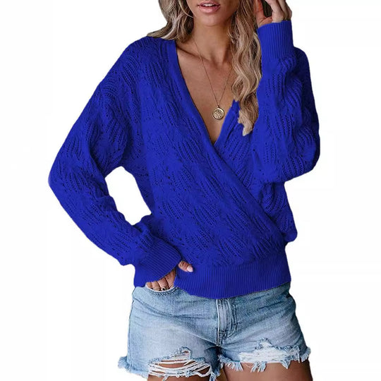 Damen Übergröße Strickpullover mit V-Ausschnitt und Rippstrickbündchen EB